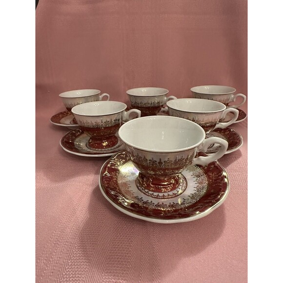 VNTG Set of 6 Porcelana SCHMIDT Brasil Espresso Cups -Multicolor Burgundy Gold - Picture 1 of 12